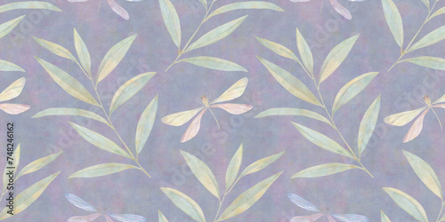 Wallpaper Mural abstract background of dragonflies on branches in leaves, delicate drawn dragonflies, seamless pattern, watercolor painting illustration, luxury wallpaper, premium modern design Torontodigital.ca