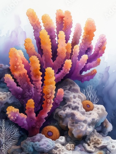 Vibrant Coral Reef Illustration with Sea Urchin Generative AI