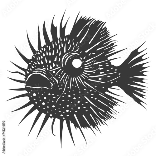 Silhouette pufferfish animal blow black color only full body
