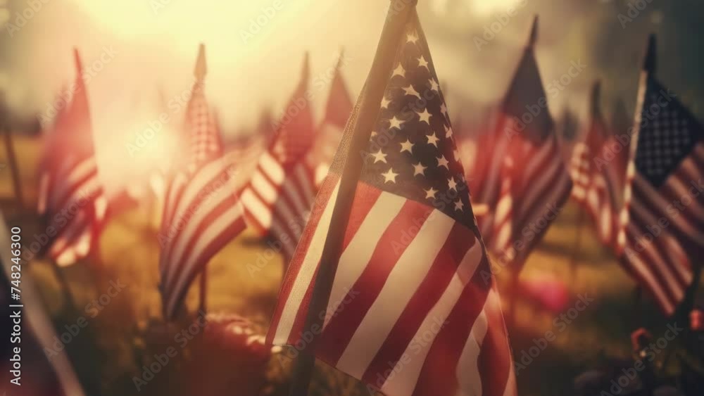 A field of American flags shining in the sun. Suitable for patriotic themes.