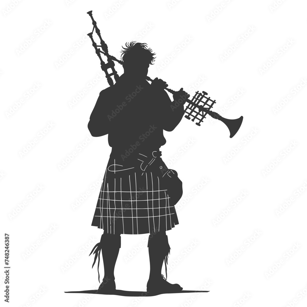 Silhouette Scottish Man Wearing Kilt playing Great Higland Bagpipe black color only Silhouette Scottish Man Wearing Kilt playing Great Higland Bagpipe black color only