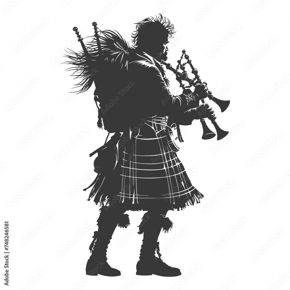 Silhouette Scottish Man Wearing Kilt playing Great Higland Bagpipe black color only