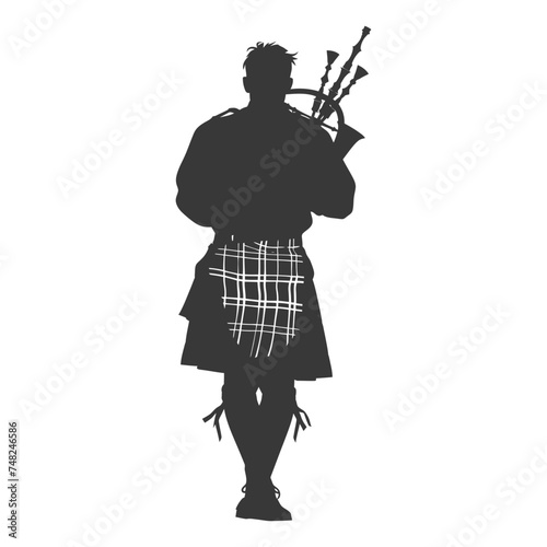 Silhouette Scottish Man Wearing Kilt playing Great Higland Bagpipe black color only