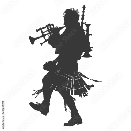 Silhouette Scottish Man Wearing Kilt playing Great Higland Bagpipe black color only