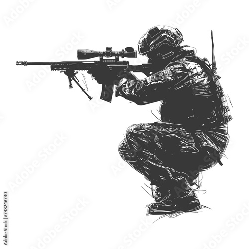 Silhouette sniper in action black color only full body