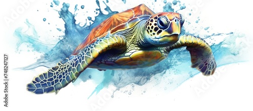 Watercolor cartoon vector illustration of a cute Turtle in bright colors swimming in the sea. isolated on white background.