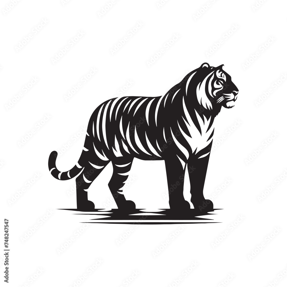 Naklejka premium Roaring Tiger: Majestic Silhouette - Capturing the Power and Majesty of the Jungle's Fierce Predator in Bold Form. Tiger Vector, Tiger Illustration. Tiger Silhouette.