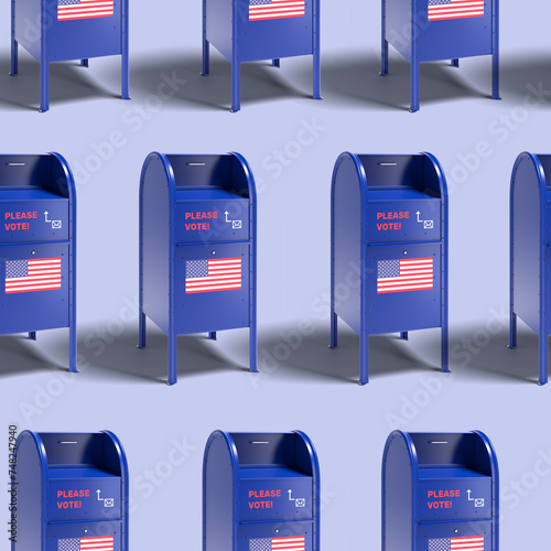 Blue mailbox in the style of the United States Postal Services with a request to vote by mail and an US flag. Mail-in ballot or absentee ballot. Seamlessly tileable photo