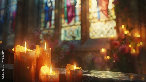 Candles burning in a church background. AI generated illustration photo