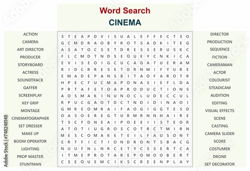 Word search puzzle vector (Word find game) illustration. Cinema.  photo