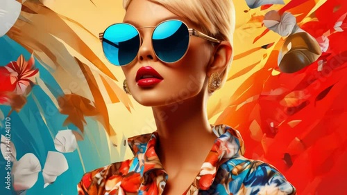 A woman wearing sunglasses and a floral shirt. Suitable for fashion or summer themed designs. photo