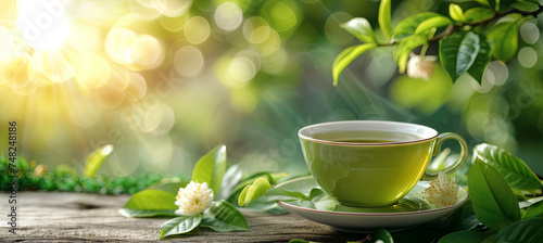 Cup with green tea with tea leaves on the green bokeh background