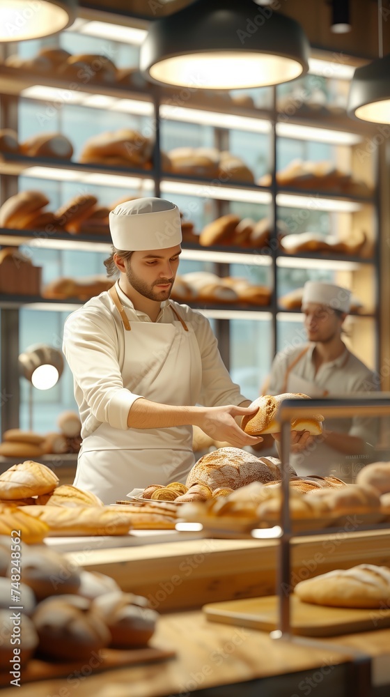 Baker prepares fresh bread in the bakery for sale in shop Baker prepares fresh bread in the bakery for sale in shop