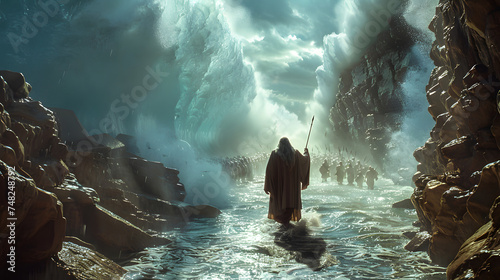  epic scene showing Moses parting the Red Sea, with Israelites crossing © xavmir2020