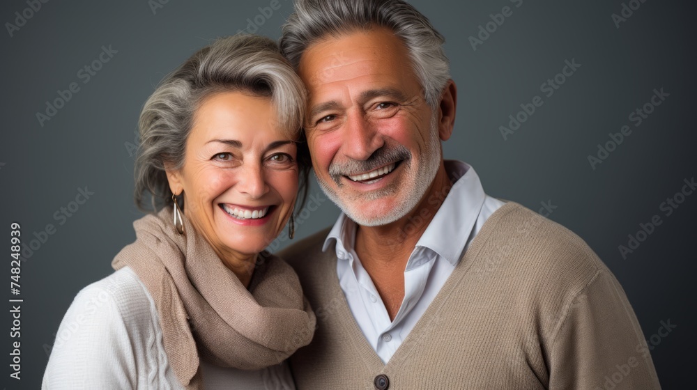 An older, middle-aged couple is happy, having fun and laughing indoor An older, middle-aged couple is happy, having fun and laughing indoor