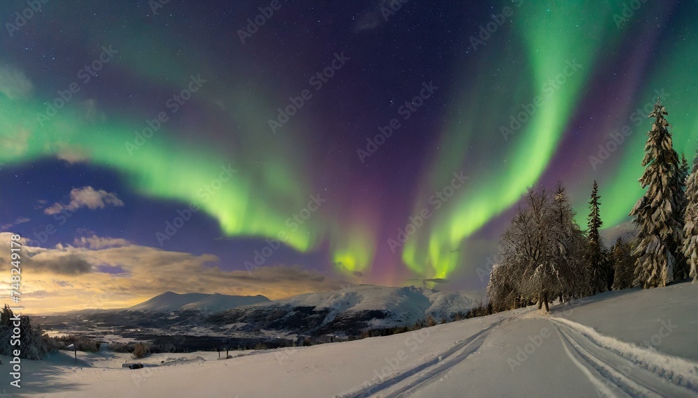 Winterliche Polarlichter: Magisches Schauspiel in lila und grünem Nachthimmel