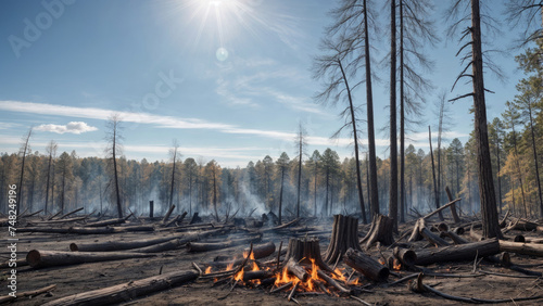 The image shows charred trees and smoldering patches of forest after a fire under bright sunlight