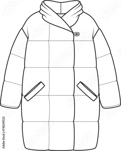 Coat Design for Girls, Snow Coat Vector Flat Sketch, Technical Drawing, Clothing Fashion. Black and white Coat design vector illustration for winter fashion. Outerwear waterproof clothing.