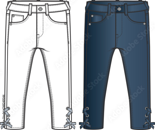 TROUSERS design technical drawing for girls. Vector flat sketch for designer fashion collection. PANTS design children's clothing template.