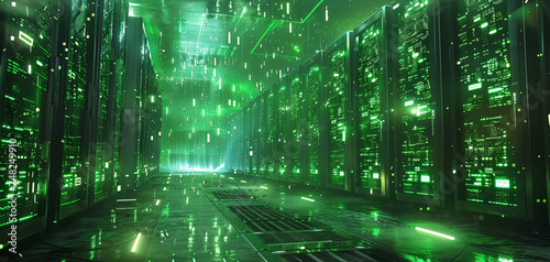 An empty big data center with rows of servers illuminated by green lights, reflecting on the polished floor.
