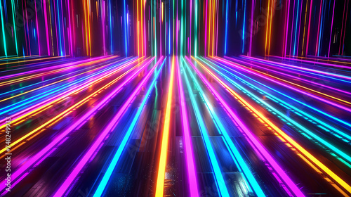 Glowing colourful neon lights lines floor Background