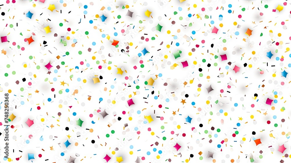 A seamless pattern of colorful confetti. The confetti is in the shape of circles, stars, and diamonds. The colors are bright and festive.