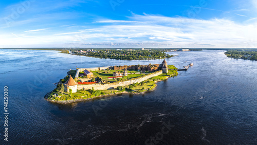 Europe. Russia, Leningrad region, St. Petersburg, Aerial panoramic view on fortress Oreshek near Schlesselburg town. Ancient Russian fort on island in Ladoga lake in sunny summery day