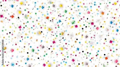 A seamless pattern of colorful confetti. The confetti is in the shape of circles, stars, and diamonds. The colors are bright and festive.