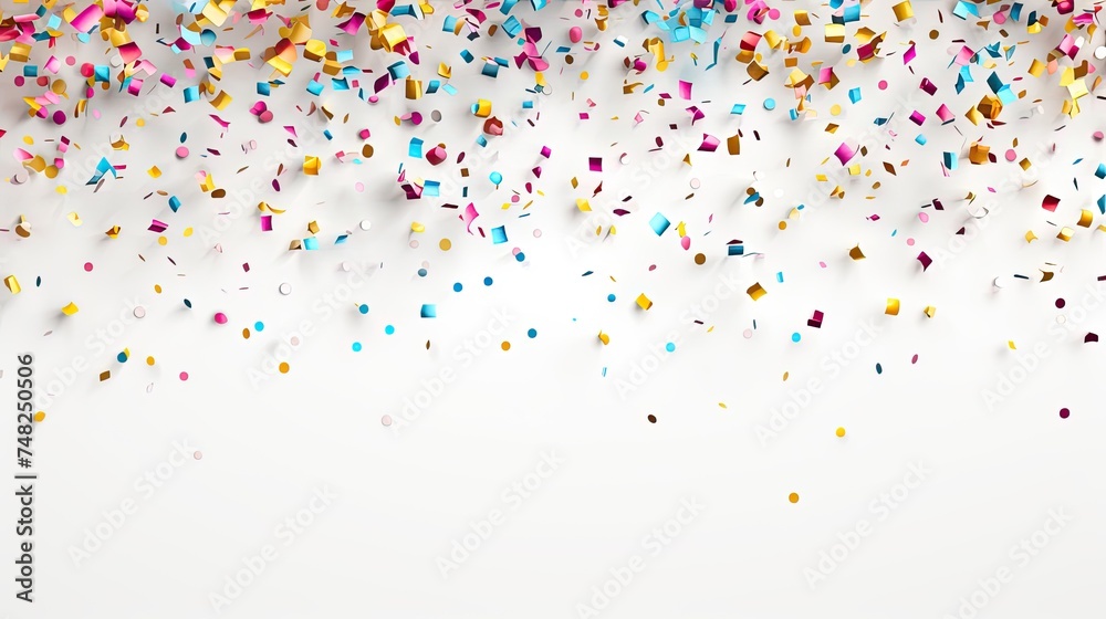 Colorful confetti falling on white background. Festive background for birthday, anniversary, party, New Year's Eve, carnival.