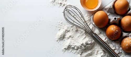 A table is shown with a collection of eggs and a whisk on top. The eggs are fresh and uncracked, while the metal whisk is ready for use in the kitchen. photo