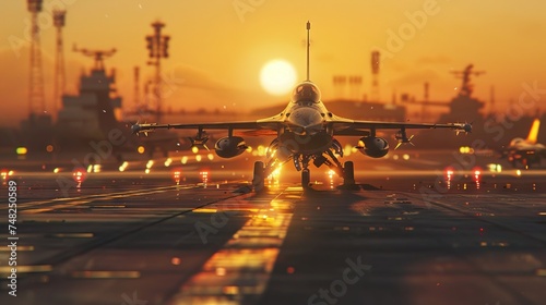 military fighter jet aircrafts parked on runway standby ready to take in sunset. AI generated illustration