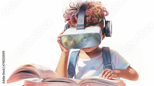 Young student browsing through an interactive eBook surrounded by virtual reality educational games origami