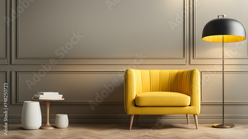 Create a Fun and Happy Space with 3D Yellow Sofa and Wingback Armchair. Suitable for Advertisement  Poster to Add Cheerfulness