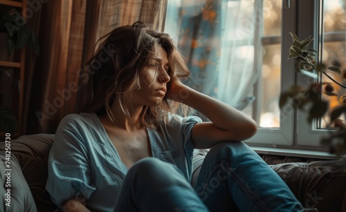 Side view crying woman looking away at window sitting on couch at home.
