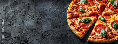 Tasty pepperoni pizza and cooking ingredients tomatoes basil on black concrete background. Top view of hot pepperoni pizza. With copy space for text. Flat lay