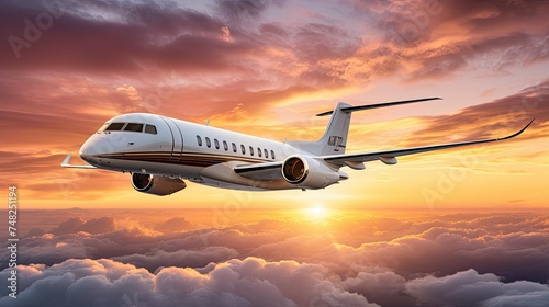 A private jet flies high above the clouds at sunset. The sky is a brilliant orange and yellow, and the clouds are a soft, fluffy white.