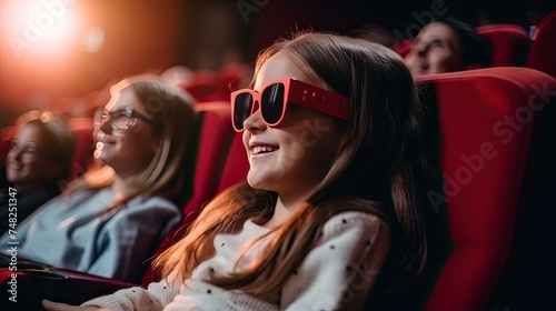 Little girl watching a 3D movie at the cinema. She is wearing red 3D glasses and is smiling. She is sitting in a red plush seat.