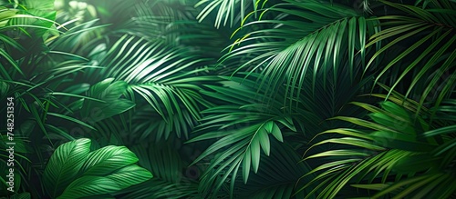 This image showcases a dense forest of majestic palm trees  their branches laden with an abundance of vibrant green leaves. The scene is teeming with life and a rich display of foliage  creating a