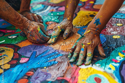 Vibrant, fun depiction of creativity with hands smeared in paint collaborating on a colorful artwork together photo