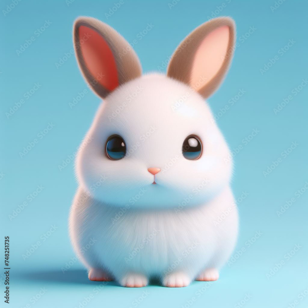 Realistic whole body of cute Rabbit 3d animal in front view with blue background