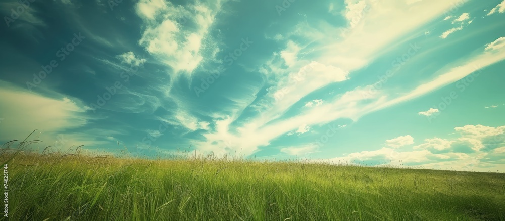 A lush green grass field stretches out under a clear blue sky, with wispy white clouds floating above.