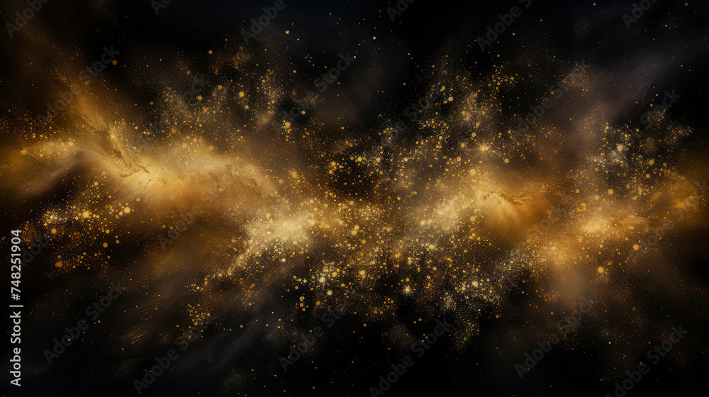 Naklejka premium Christmas and New Year festive background with sparkling golden particles. Abstract golden luxury dust decoration on black background. Concept of Christmas and New Year holidays. Copy space.