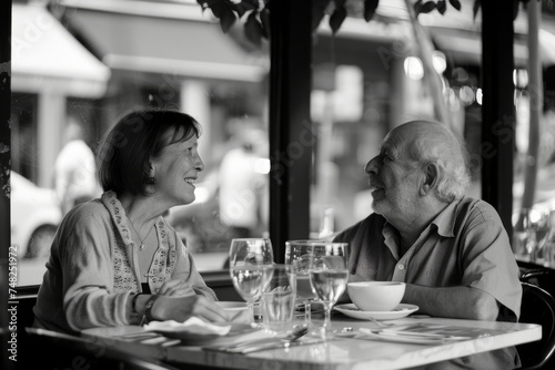 Two individuals engaged in conversation at a cafe, representing social interaction and urban life photo