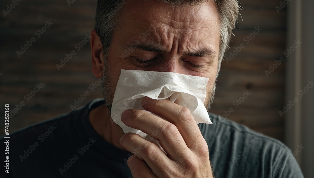 Man, blowing nose and sneezing for allergies, sick with influenza and