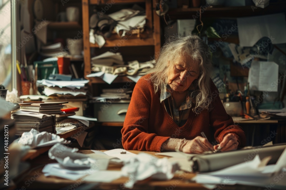 In a space brimming with creative chaos, an artist focuses intently on crafting art amidst piles of tools and paper In a space brimming with creative chaos, an artist focuses intently on crafting art amidst piles of tools and paper