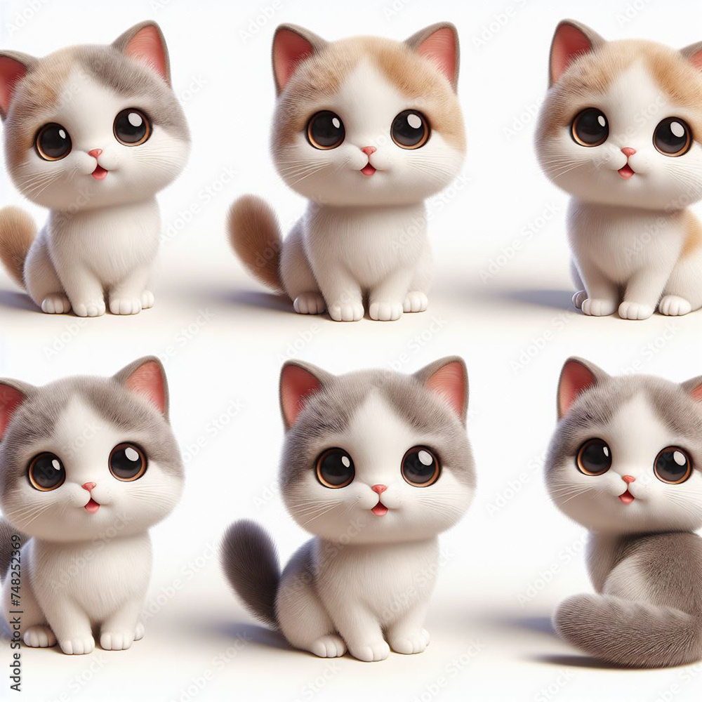 cute Cat realistic 3d animal in font view, back view, top view, right view and left view with white background cute Cat realistic 3d animal in font view, back view, top view, right view and left view with white background
