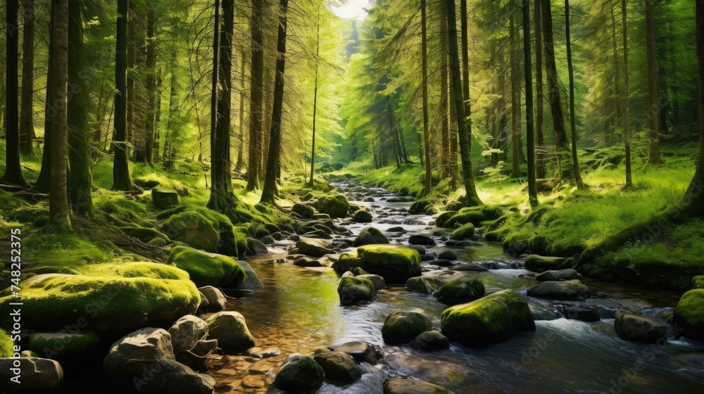 The sun shines through the trees in a beautiful forest. The sun shines through the trees in a beautiful forest.