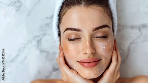 Young Woman Enjoying a Rejuvenating Facial Mask, Ideal for Skincare and Beauty Concepts. 