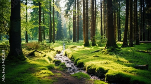 The lush green moss and towering trees of this beautiful forest create a magical atmosphere. photo