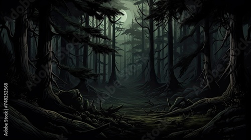 A dark and mysterious forest with a full moon shining through the trees. The path leading into the forest is overgrown with weeds and fallen leaves.
